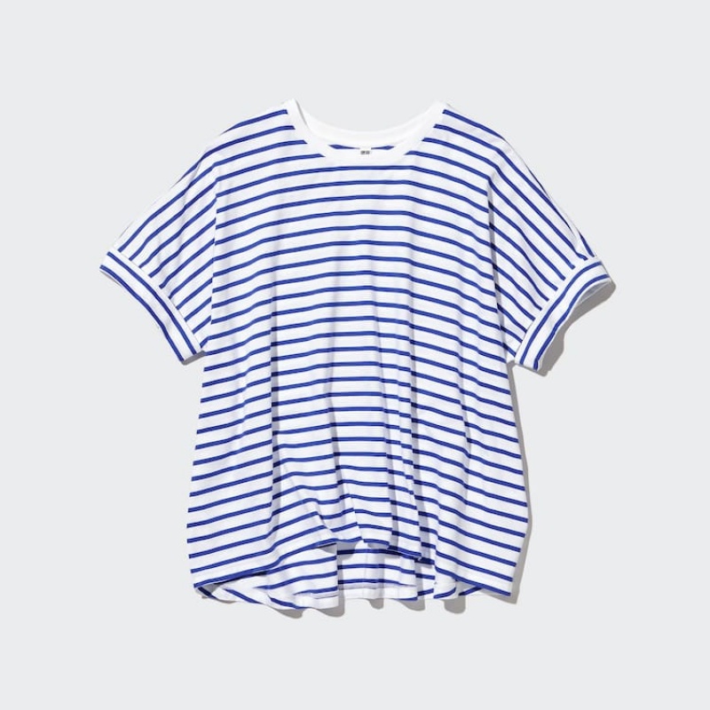 Women's Uniqlo Cotton Striped French Sleeved T Shirts White / Blue | JISV-36015