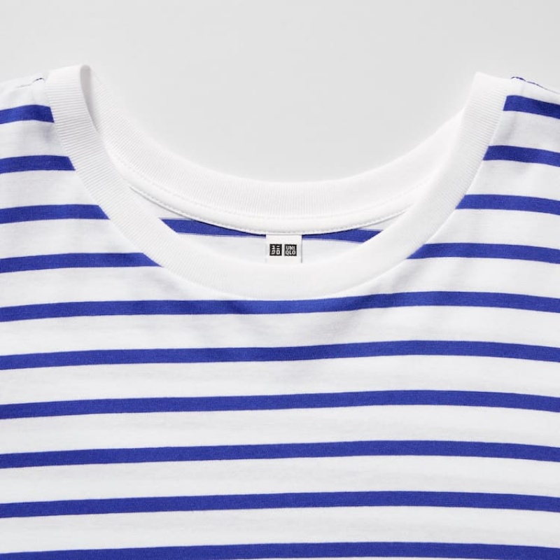 Women's Uniqlo Cotton Striped French Sleeved T Shirts White / Blue | JISV-36015