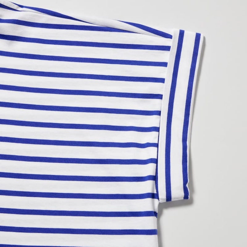 Women's Uniqlo Cotton Striped French Sleeved T Shirts White / Blue | JISV-36015