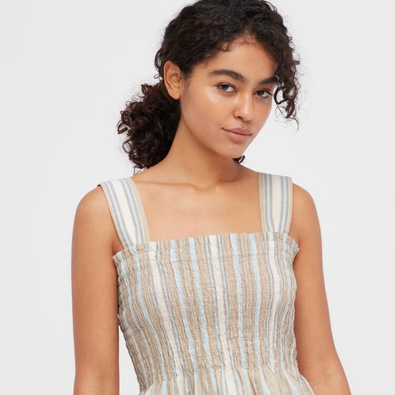 Women's Uniqlo Cotton Striped Gathered Sleeveless Blouse Beige | DZJX-83729