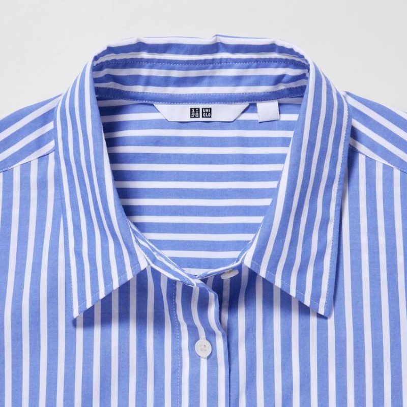 Women's Uniqlo Cotton Striped Long Sleeved Shirts Blue / White | AXIM-25618