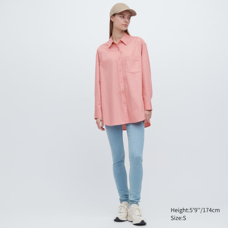 Women's Uniqlo Cotton Twill Oversized Long Sleeved Shirts Pink | VORE-20685