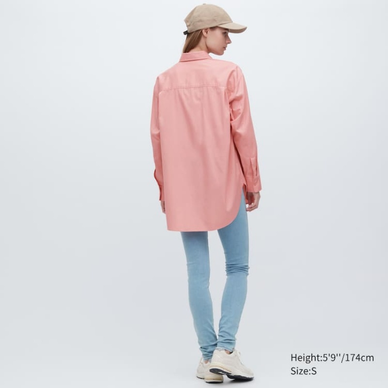 Women's Uniqlo Cotton Twill Oversized Long Sleeved Shirts Pink | VORE-20685