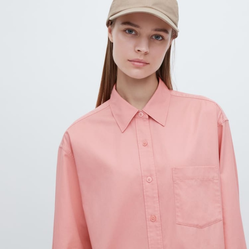 Women's Uniqlo Cotton Twill Oversized Long Sleeved Shirts Pink | VORE-20685