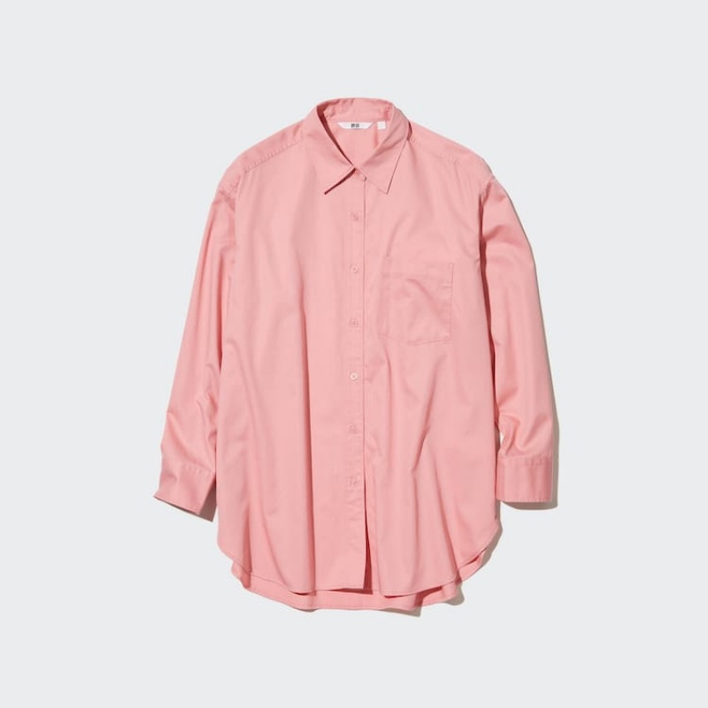 Women's Uniqlo Cotton Twill Oversized Long Sleeved Shirts Pink | VORE-20685