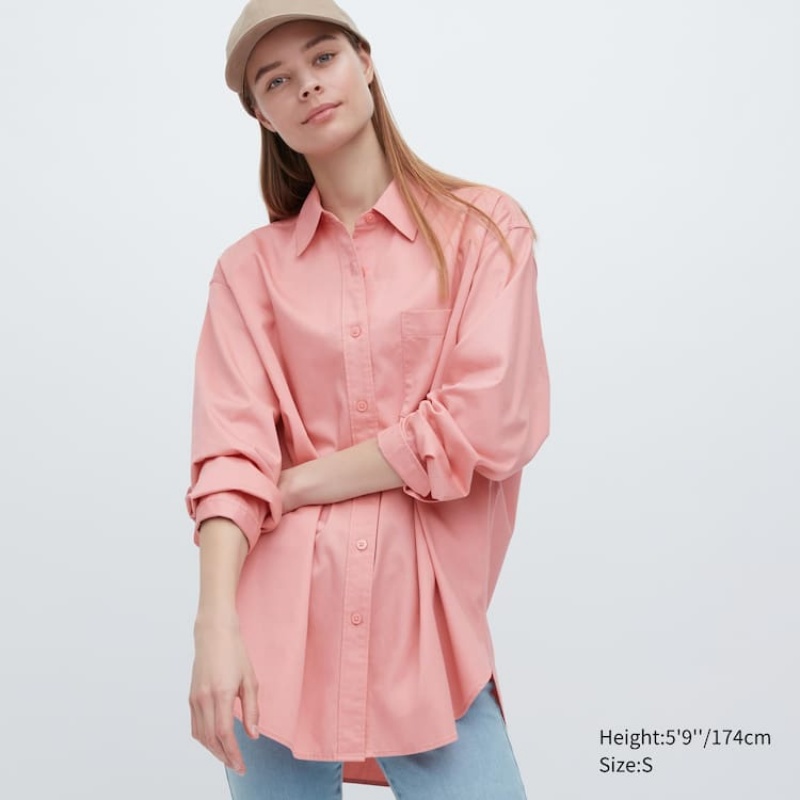 Women\'s Uniqlo Cotton Twill Oversized Long Sleeved Shirts Pink | VORE-20685