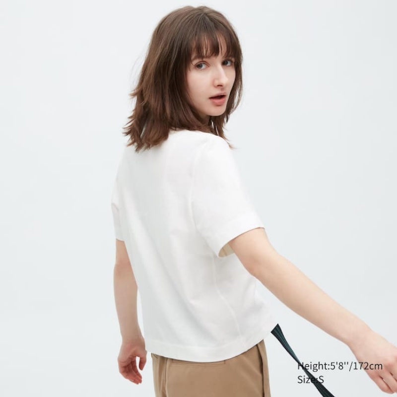 Women's Uniqlo Cropped Relaxed Fit Short Sleeved Shirts White | WXRE-26450