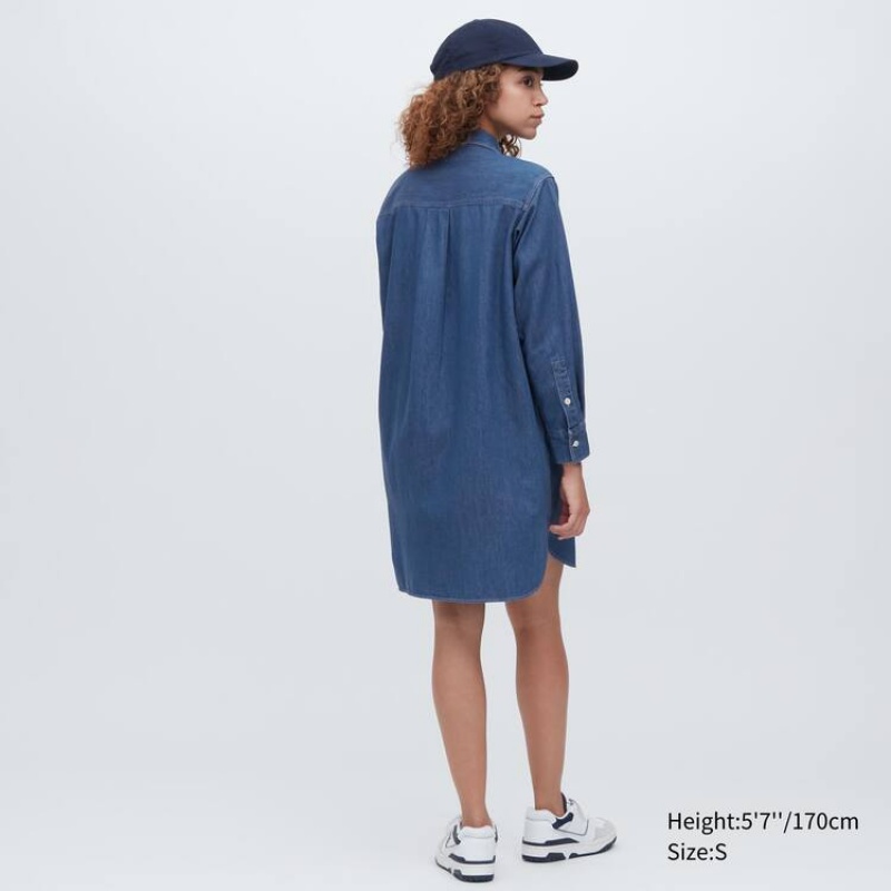 Women's Uniqlo Denim Long Sleeved Dress Blue | BICJ-10783