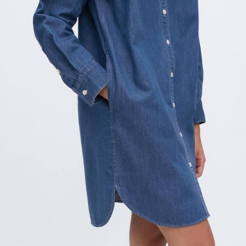 Women's Uniqlo Denim Long Sleeved Dress Blue | BICJ-10783