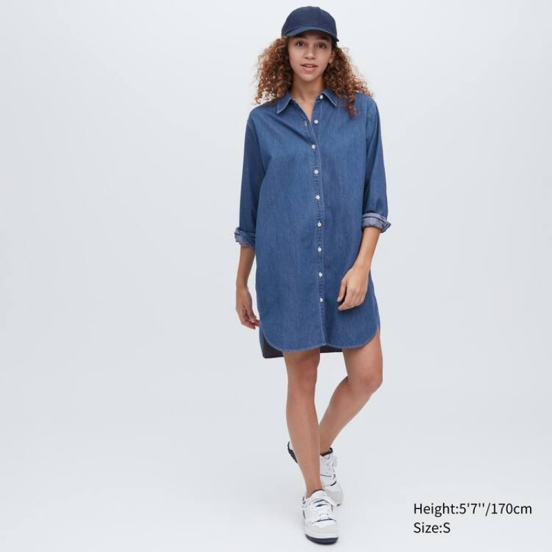 Women's Uniqlo Denim Long Sleeved Dress Blue | BICJ-10783