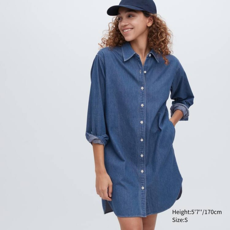 Women\'s Uniqlo Denim Long Sleeved Dress Blue | BICJ-10783