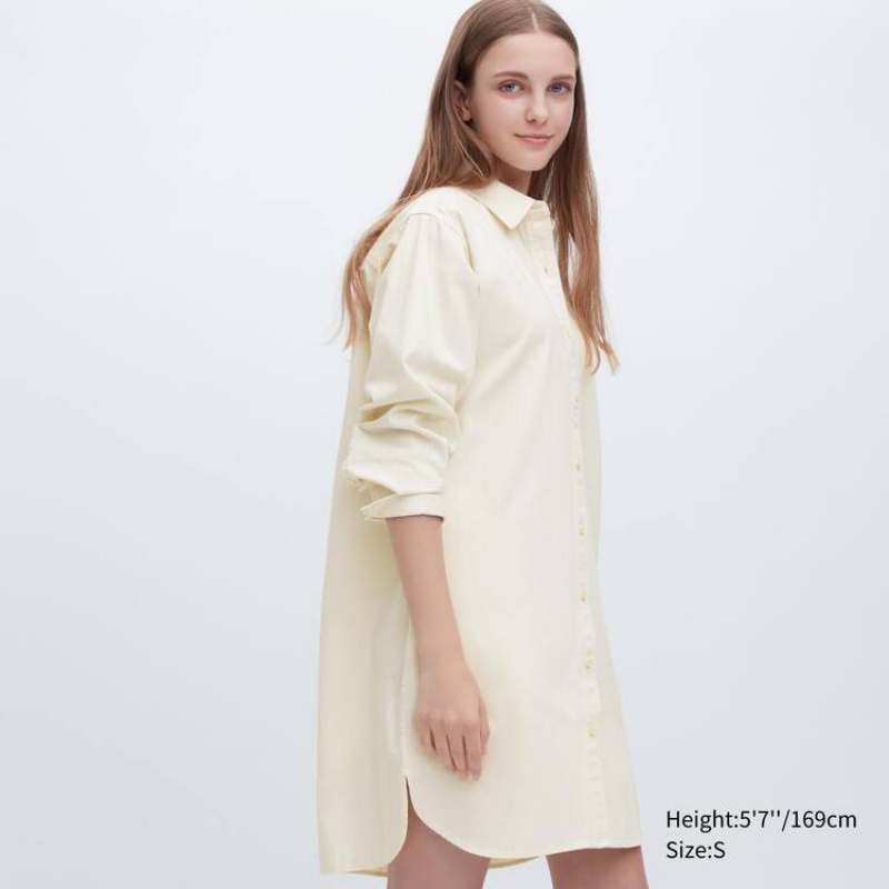 Women\'s Uniqlo Denim Long Sleeved Dress White | PVEB-96251