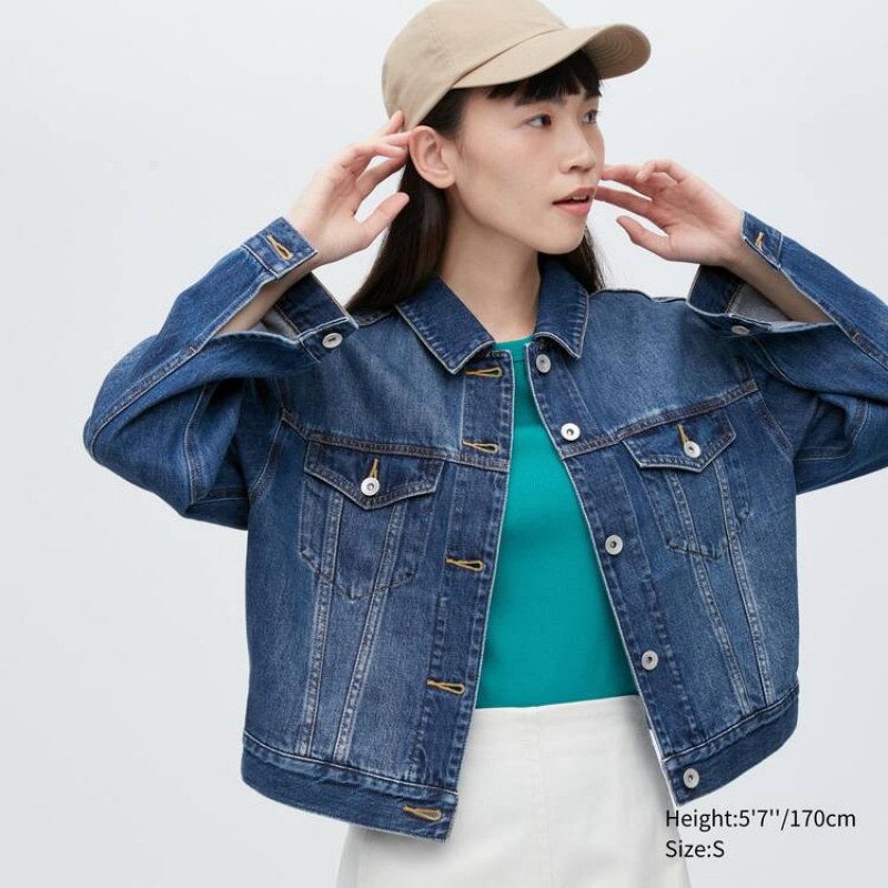 Women\'s Uniqlo Denim Short Jackets Blue | HKVT-98543