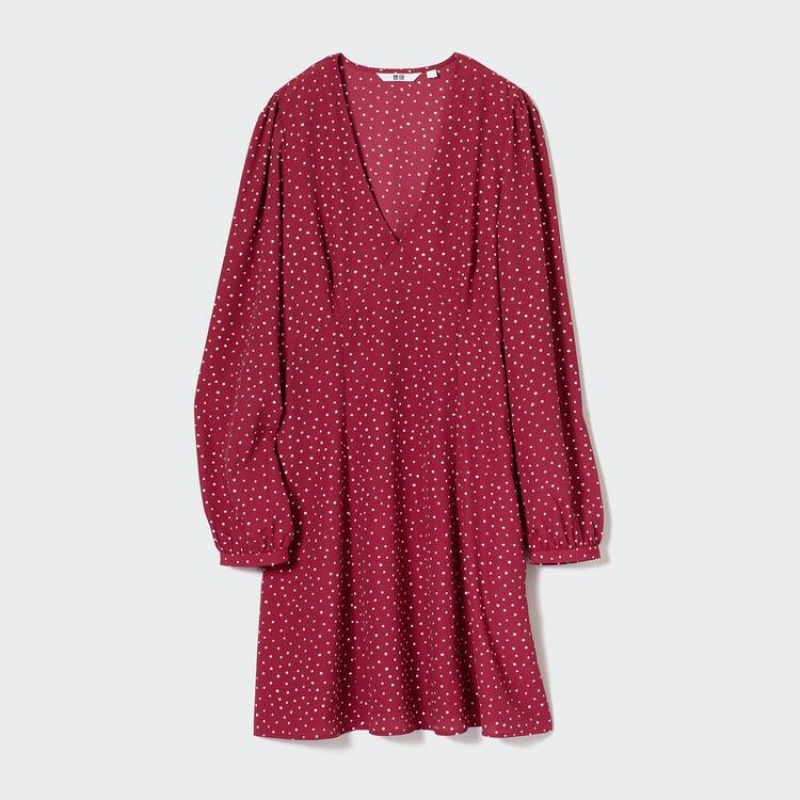 Women's Uniqlo Dotted V Neck Long Sleeved Mini Dress Red | HQJP-71805