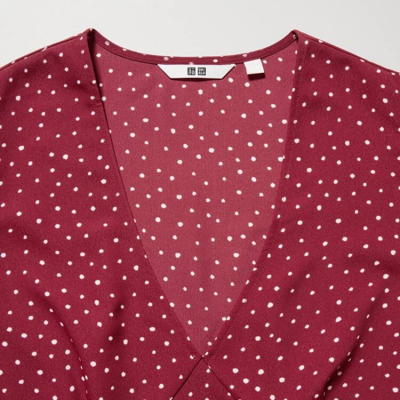 Women's Uniqlo Dotted V Neck Long Sleeved Mini Dress Red | HQJP-71805