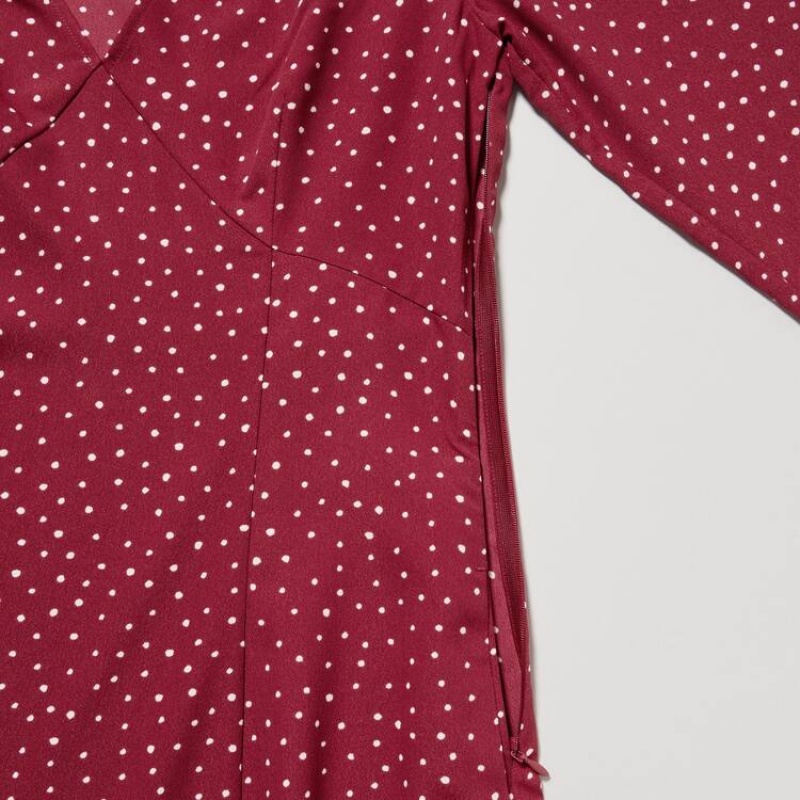 Women's Uniqlo Dotted V Neck Long Sleeved Mini Dress Red | HQJP-71805