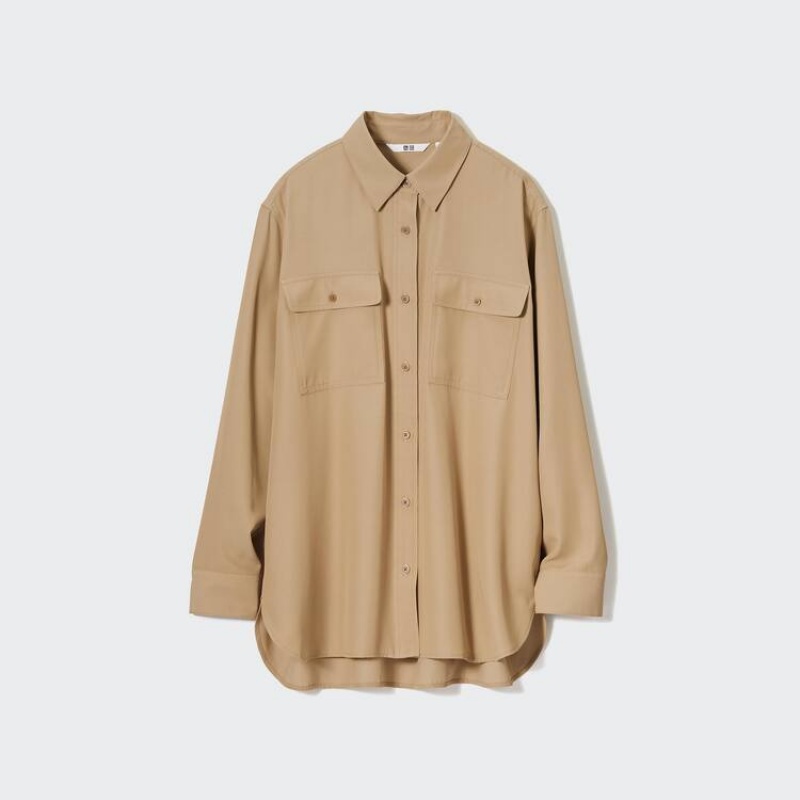 Women's Uniqlo Easy Care Long Sleeved Shirts Beige | BKOP-58493