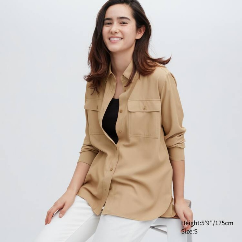 Women\'s Uniqlo Easy Care Long Sleeved Shirts Beige | BKOP-58493