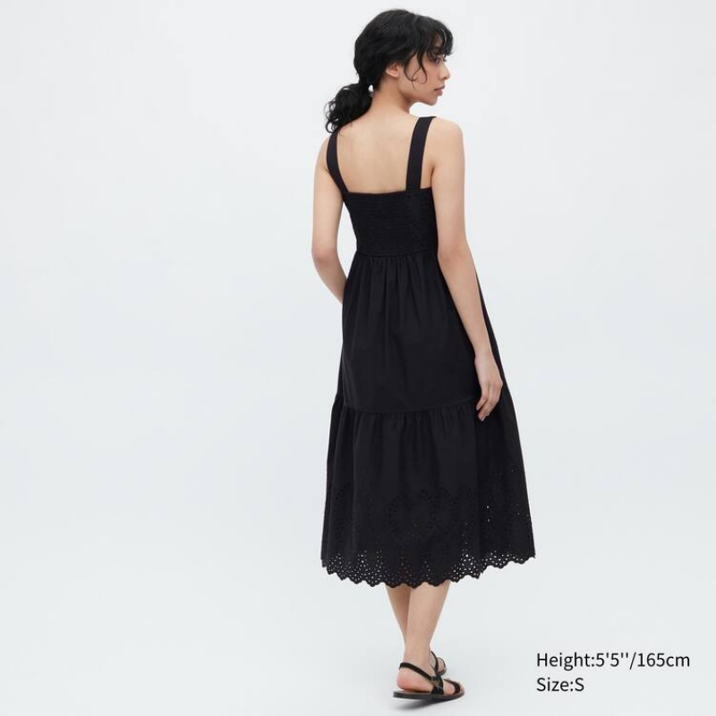 Women's Uniqlo Eyelet Cotton Sleeveless Midi Dress Black | QTSO-97608