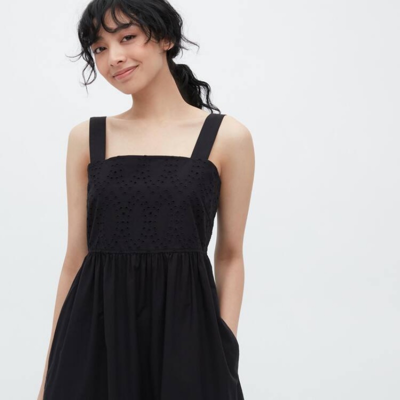 Women's Uniqlo Eyelet Cotton Sleeveless Midi Dress Black | QTSO-97608