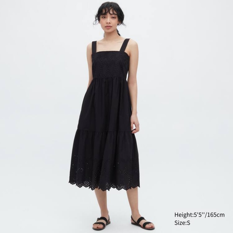 Women\'s Uniqlo Eyelet Cotton Sleeveless Midi Dress Black | QTSO-97608