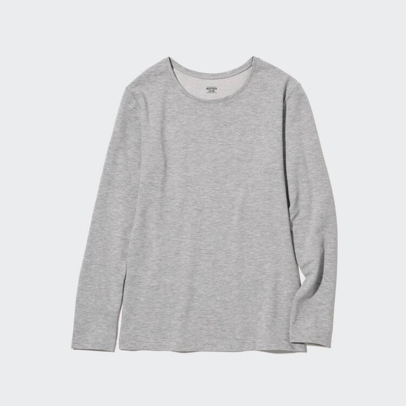 Women's Uniqlo Heattech Extra Warm Cotton Crew Neck Long Sleeved Thermal Tops Grey | PWUX-68459