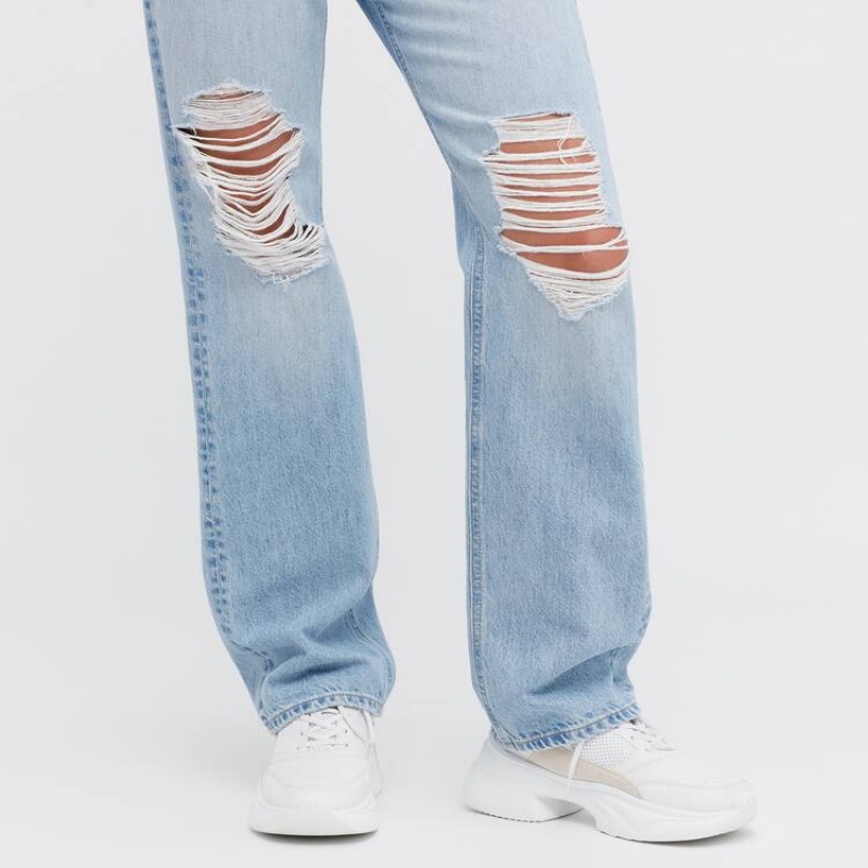 Women's Uniqlo High Rise Straight Leg Distressed Jeans Blue | NVXB-48530