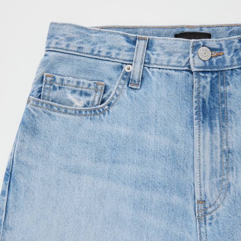 Women's Uniqlo High Rise Straight Leg Distressed Jeans Blue | NVXB-48530