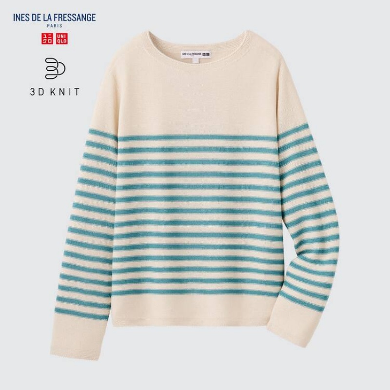 Women's Uniqlo Ines De La Fressange 3d Knit Seamless Striped Boat Neck Knitwear Beige | AGZY-13798