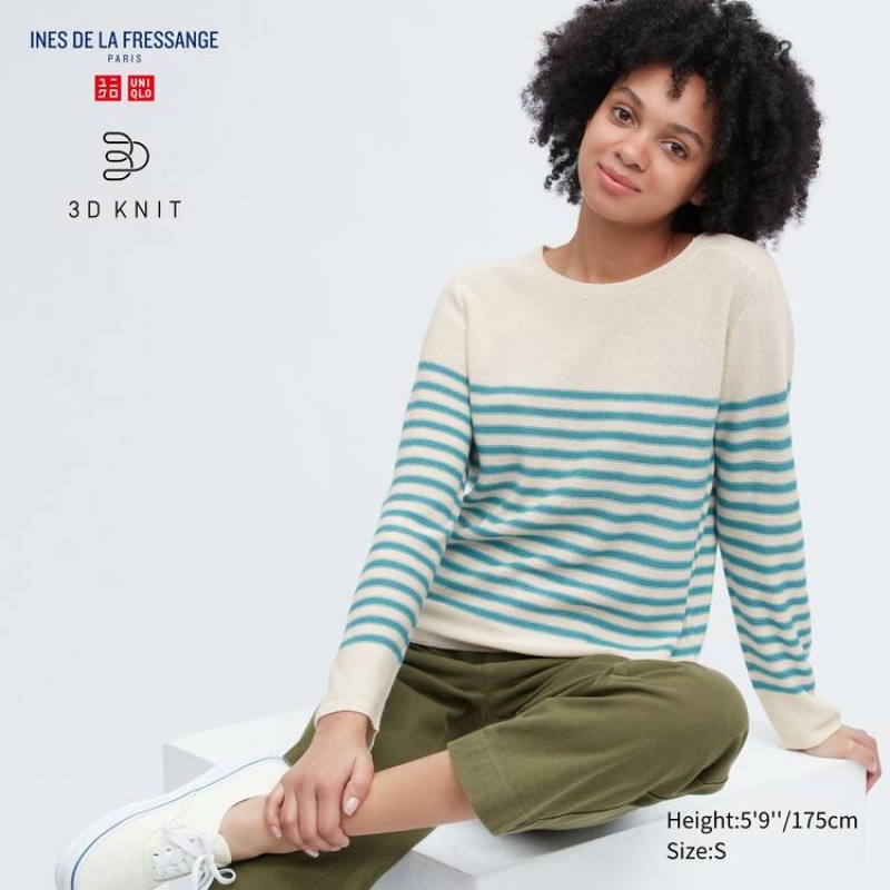 Women\'s Uniqlo Ines De La Fressange 3d Knit Seamless Striped Boat Neck Knitwear Beige | AGZY-13798