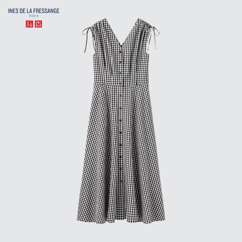 Women's Uniqlo Ines De La Fressange Cotton V Neck Sleeveless Dress White / Black | PMQV-26931