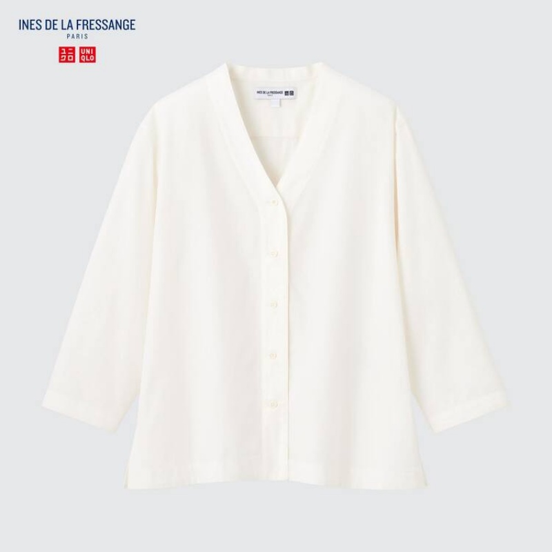 Women's Uniqlo Ines De La Fressange Cotton Twill V Neck 3/4 Sleeved Shirts White | TOGN-92187