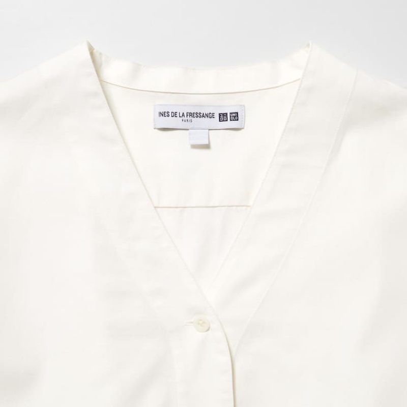 Women's Uniqlo Ines De La Fressange Cotton Twill V Neck 3/4 Sleeved Shirts White | TOGN-92187