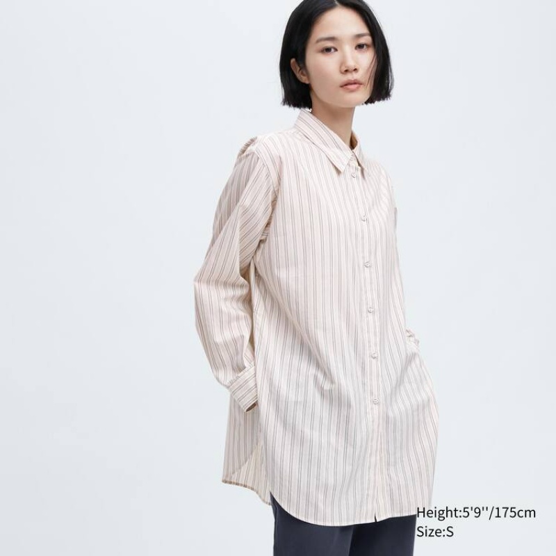 Women's Uniqlo Ines De La Fressange Cotton Silk Blend Oversized Long Sleeved Shirts Beige | DUVX-57298