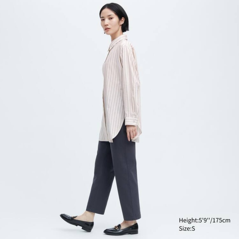 Women's Uniqlo Ines De La Fressange Cotton Silk Blend Oversized Long Sleeved Shirts Beige | DUVX-57298