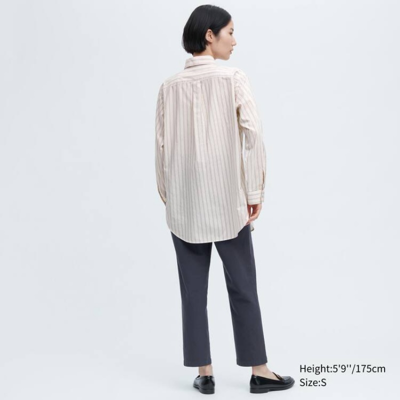 Women's Uniqlo Ines De La Fressange Cotton Silk Blend Oversized Long Sleeved Shirts Beige | DUVX-57298