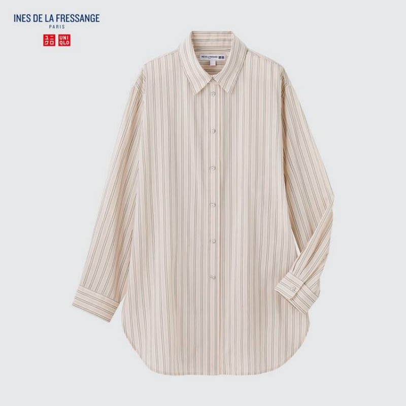 Women's Uniqlo Ines De La Fressange Cotton Silk Blend Oversized Long Sleeved Shirts Beige | DUVX-57298