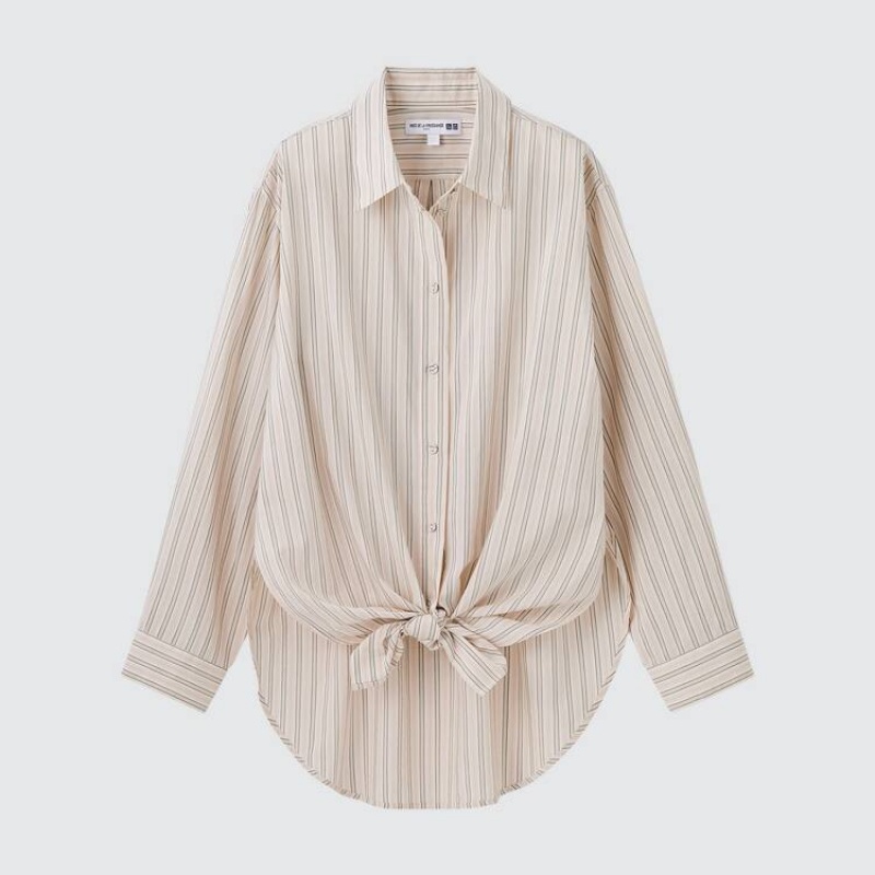 Women's Uniqlo Ines De La Fressange Cotton Silk Blend Oversized Long Sleeved Shirts Beige | DUVX-57298