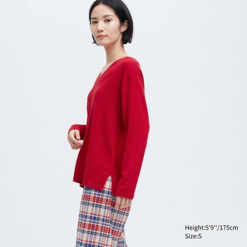 Women's Uniqlo Ines De La Fressange Cotton Cashmere Blend Oversized V Neck Knitwear Red | KXUW-65490