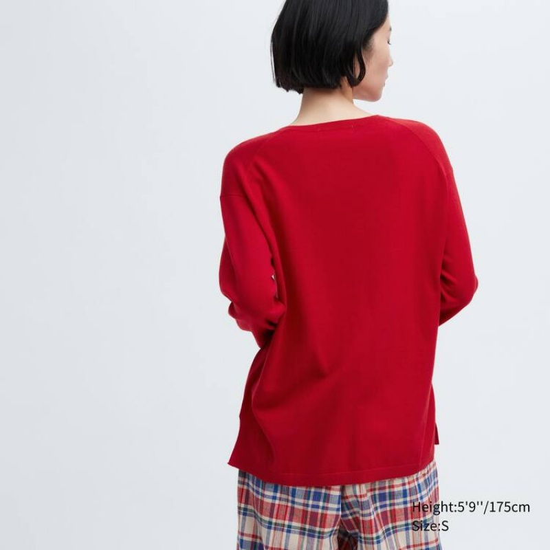 Women's Uniqlo Ines De La Fressange Cotton Cashmere Blend Oversized V Neck Knitwear Red | KXUW-65490