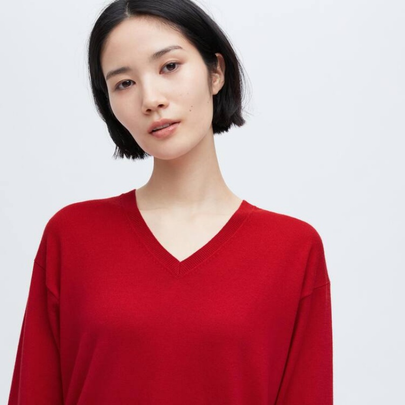 Women's Uniqlo Ines De La Fressange Cotton Cashmere Blend Oversized V Neck Knitwear Red | KXUW-65490