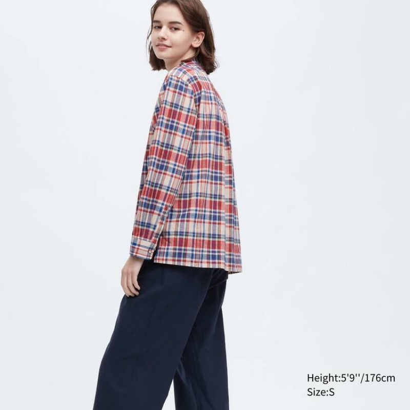 Women's Uniqlo Ines De La Fressange Linen Cotton Blend Pintucked Long Sleeved Shirts Blue / Red | NCUL-23458