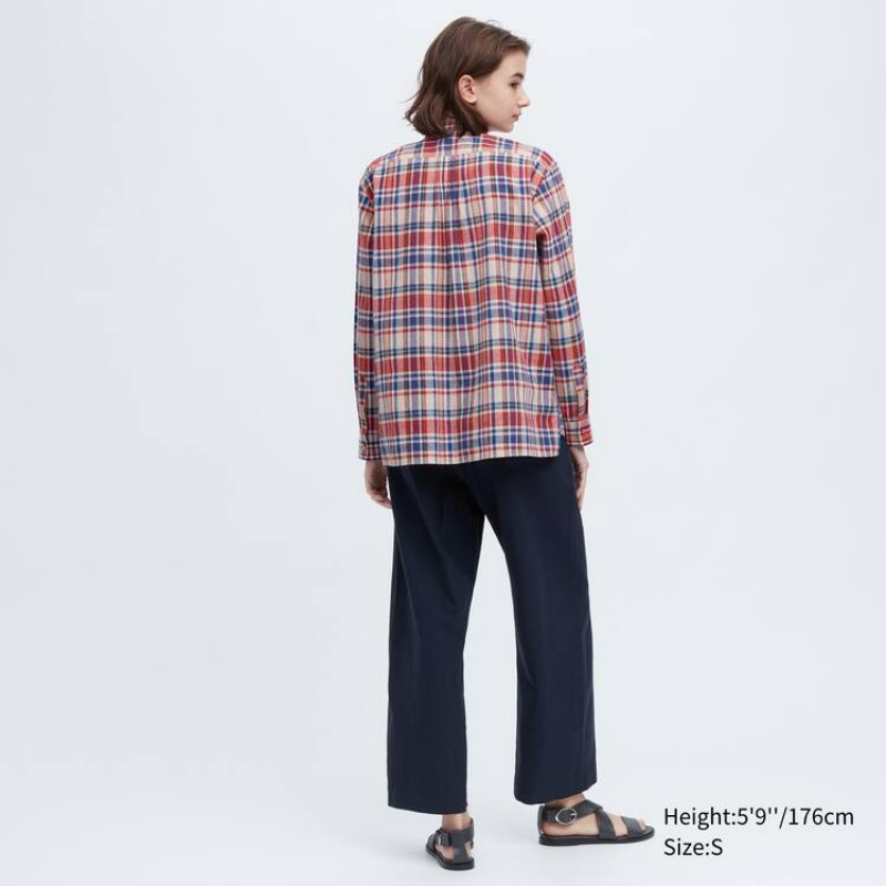 Women's Uniqlo Ines De La Fressange Linen Cotton Blend Pintucked Long Sleeved Shirts Blue / Red | NCUL-23458