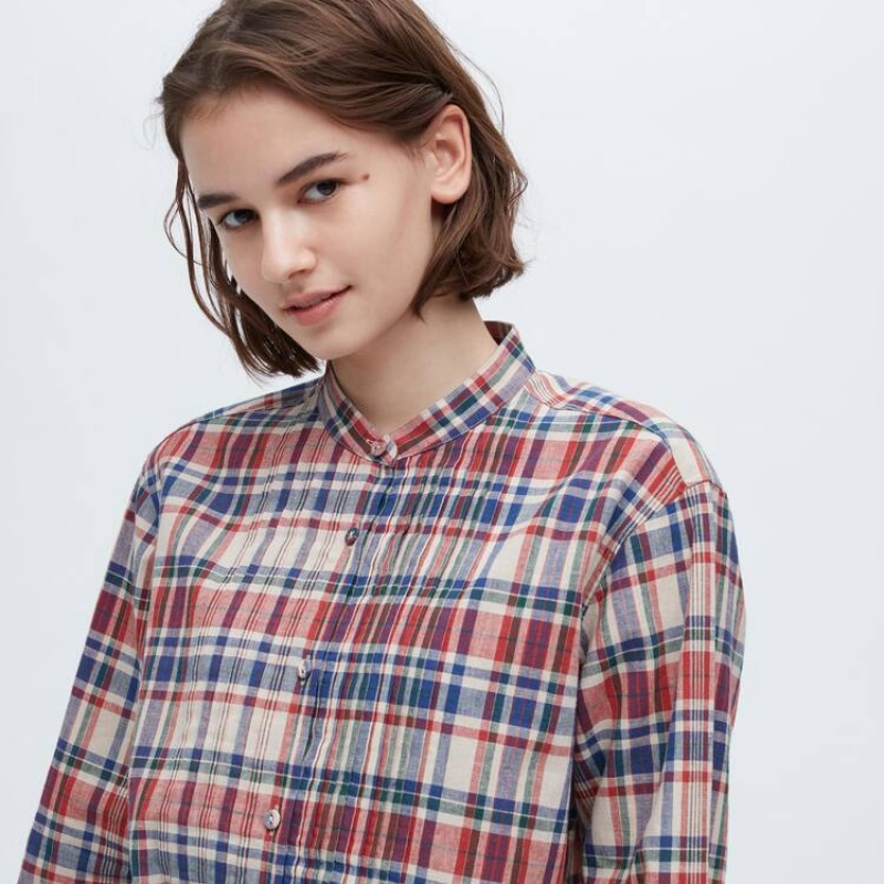 Women's Uniqlo Ines De La Fressange Linen Cotton Blend Pintucked Long Sleeved Shirts Blue / Red | NCUL-23458