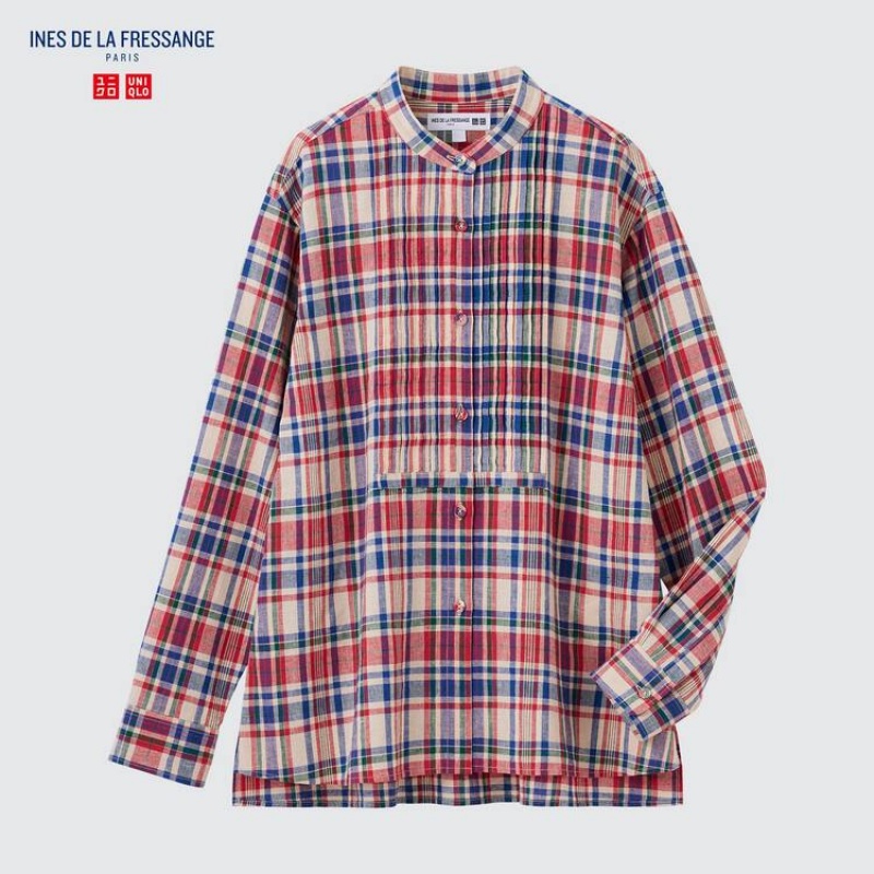 Women's Uniqlo Ines De La Fressange Linen Cotton Blend Pintucked Long Sleeved Shirts Blue / Red | NCUL-23458