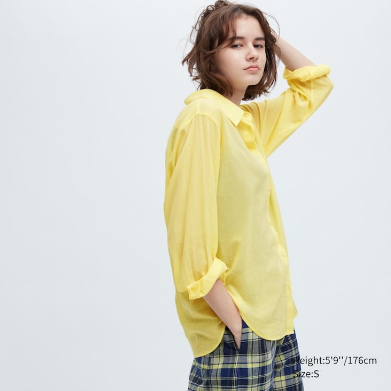 Women's Uniqlo Ines De La Fressange Sheer Cotton Relaxed Fit Long Sleeved Shirts Yellow | OHWI-07315