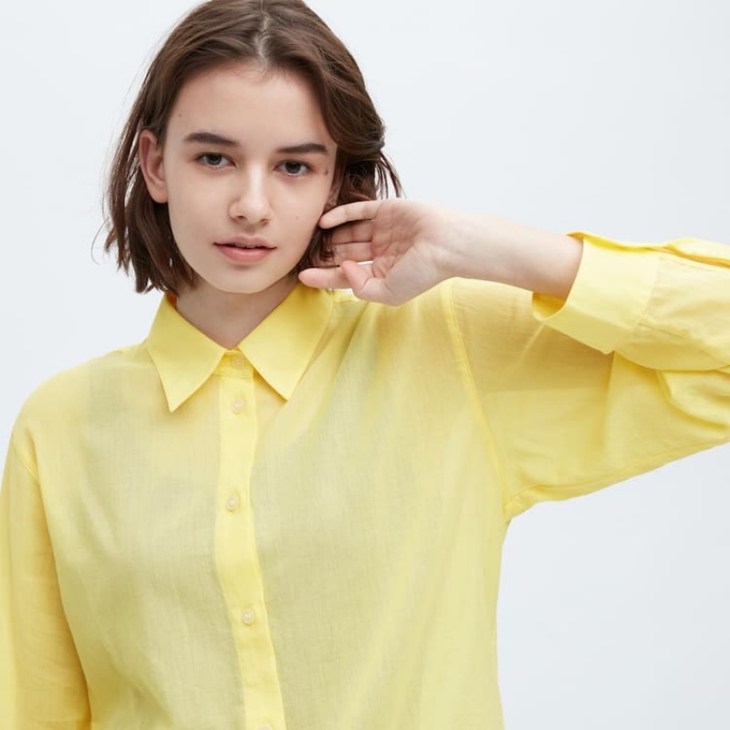 Women's Uniqlo Ines De La Fressange Sheer Cotton Relaxed Fit Long Sleeved Shirts Yellow | OHWI-07315