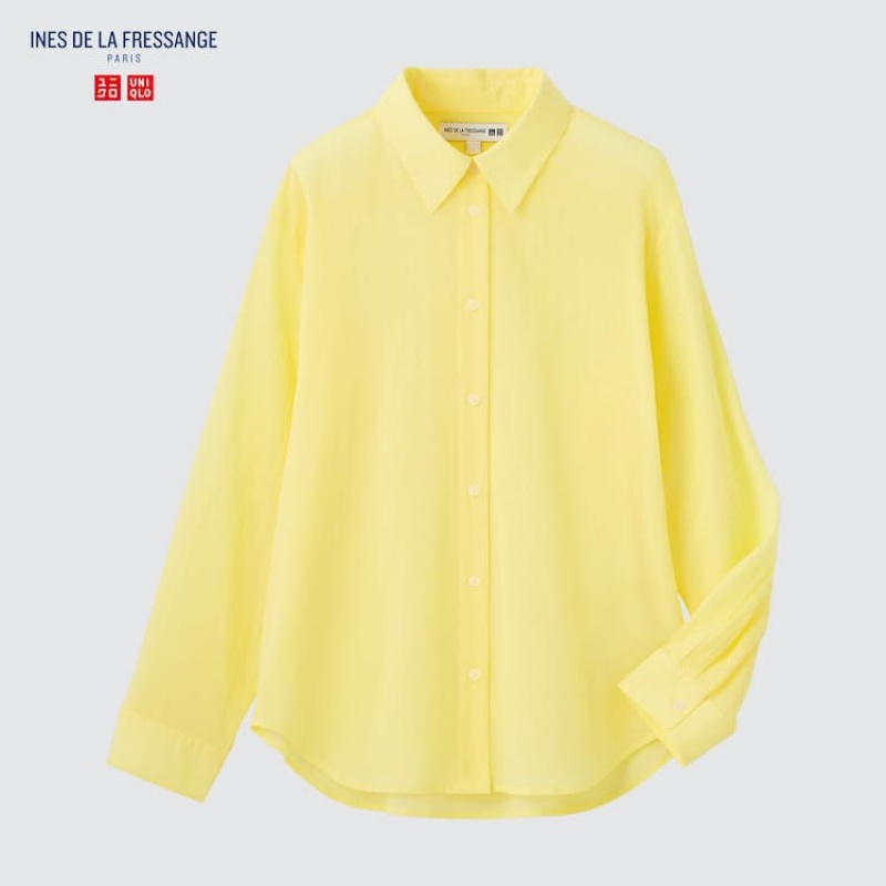 Women's Uniqlo Ines De La Fressange Sheer Cotton Relaxed Fit Long Sleeved Shirts Yellow | OHWI-07315