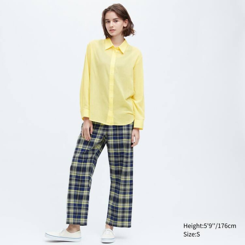 Women\'s Uniqlo Ines De La Fressange Sheer Cotton Relaxed Fit Long Sleeved Shirts Yellow | OHWI-07315