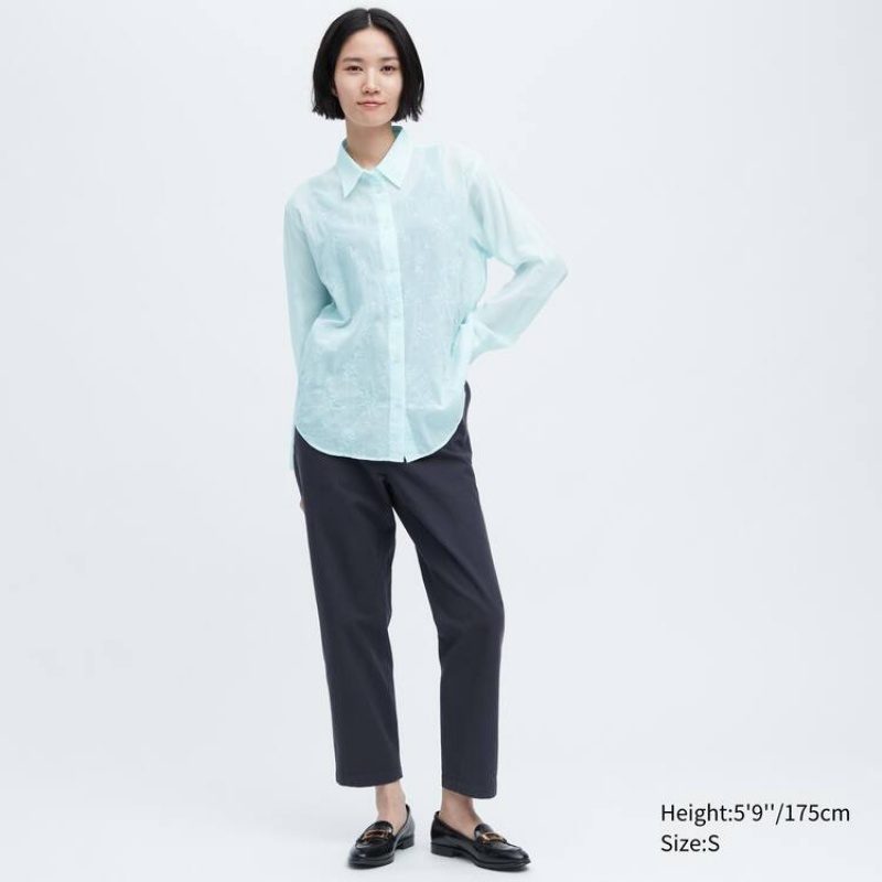 Women's Uniqlo Ines De La Fressange Sheer Embroidered Long Sleeved Shirts Blue | CPAX-23976